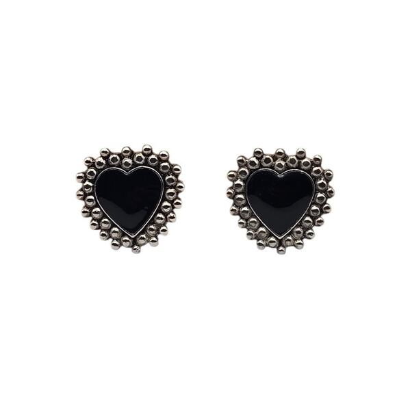 Black Heart Clip-On Vintage Earrings Silver Tone Beaded Edge - Picture 2 of 6